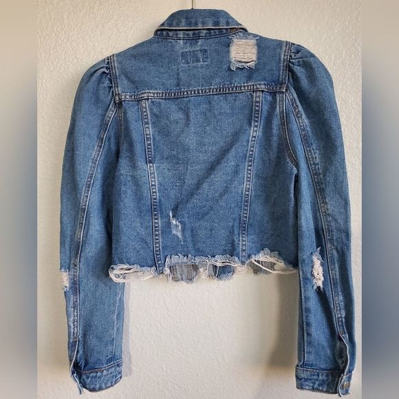 Denim Blvd Los Angeles Puff Sleeve Ripped Raw Hem Crop Jean Jacket Dark Blue S - Picture 9 of 12
